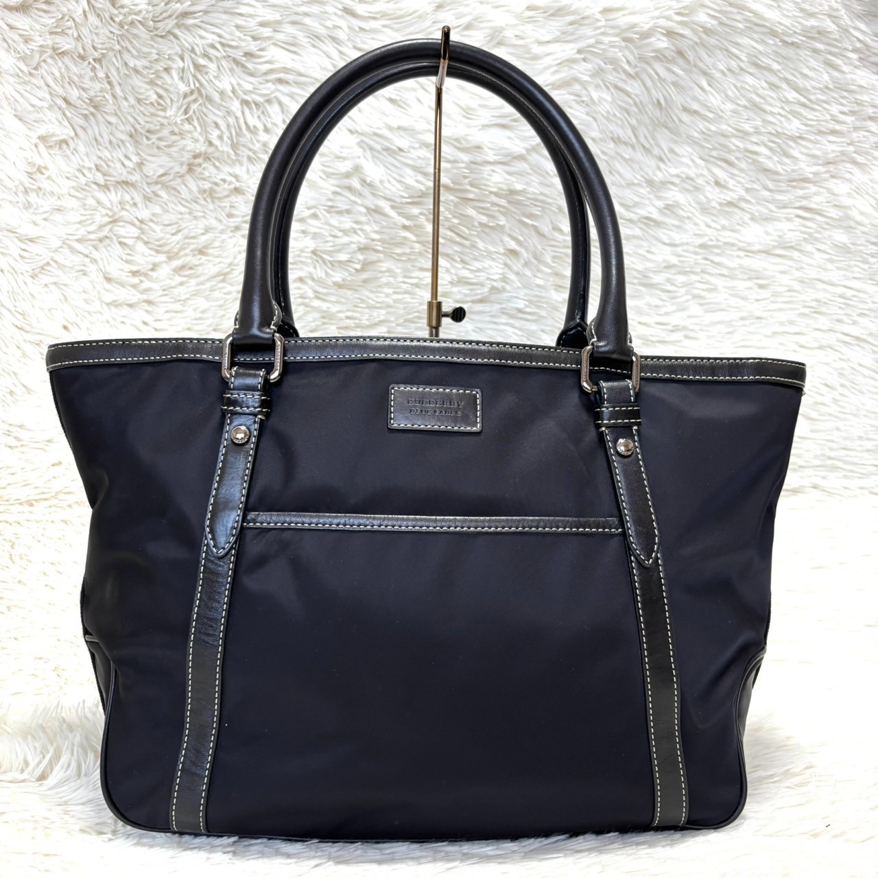 Burberry Blue Label Nylon Leather Tote Bag Horse Logo Black