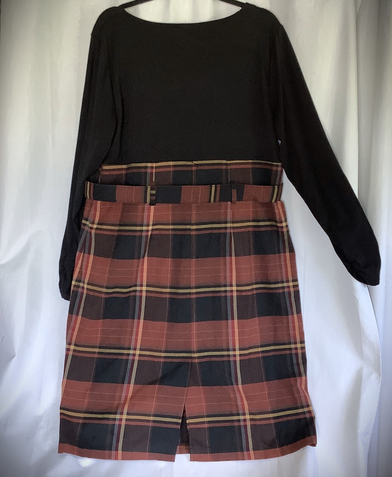Monroe & Main Belted Midi Dress Vtg Size 18W Plaid Black Brown Yellow USA-Made