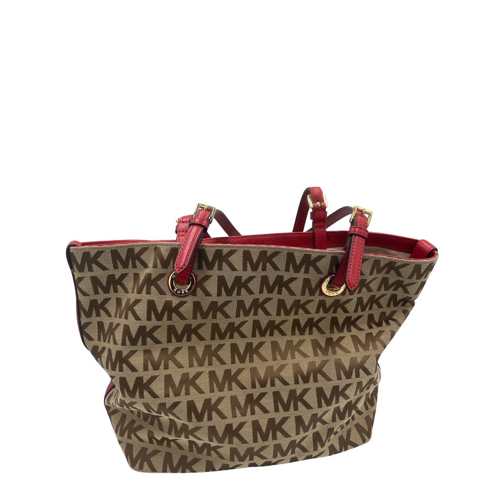 Michael Kors Monogram Jacquard Tote Bag Beige Red Leather Gold Hardware BFSQ1K