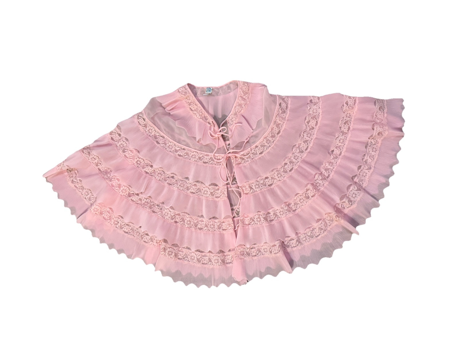 Vintage 50s Kaiser Luxite Pink Sheer Nylon mini pleated lace Ruffle Frilly Shawl