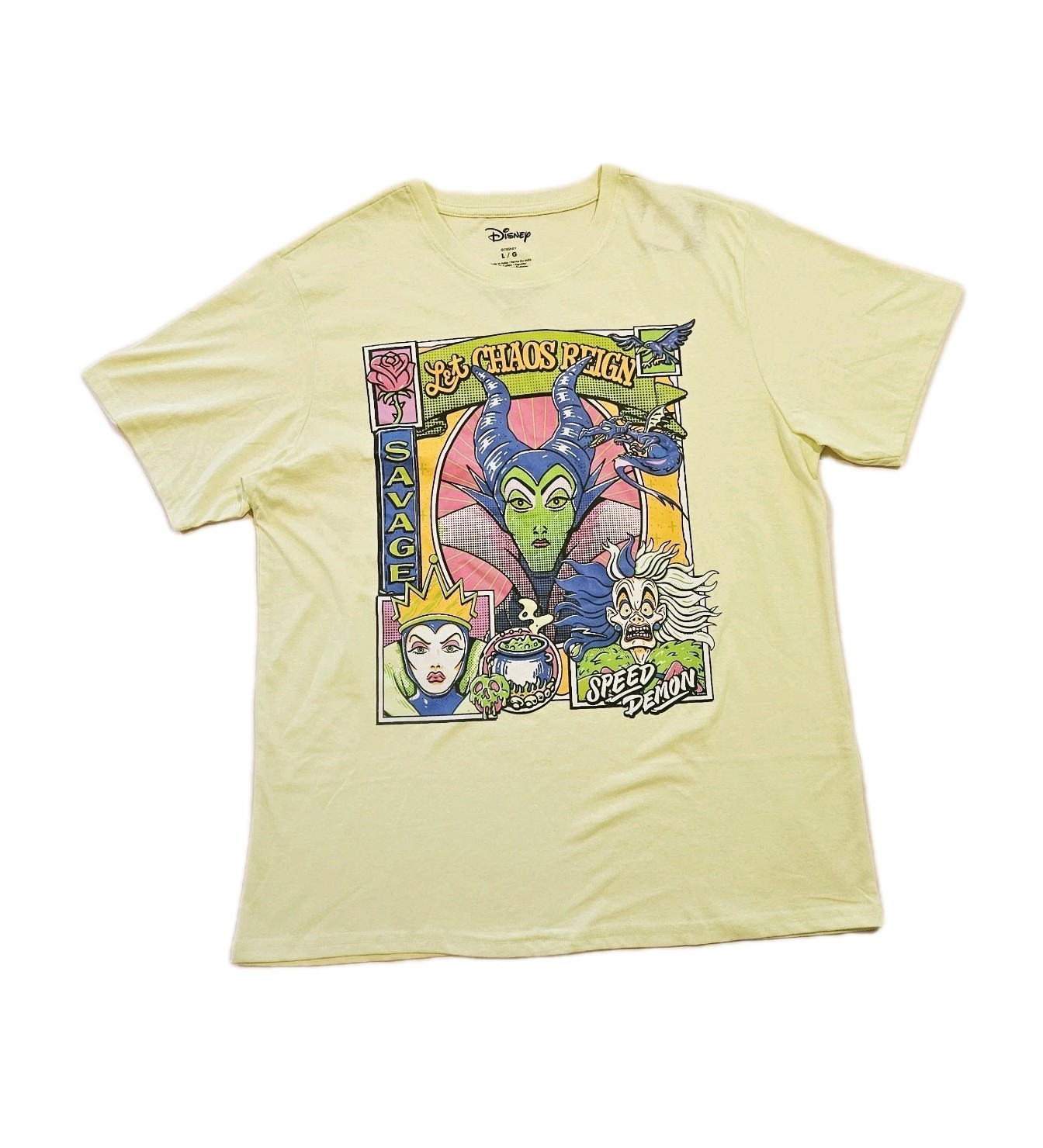 Disney Female Villains “Let Chaos Reign” Bright Yellow Green T-Shirt Large NWT