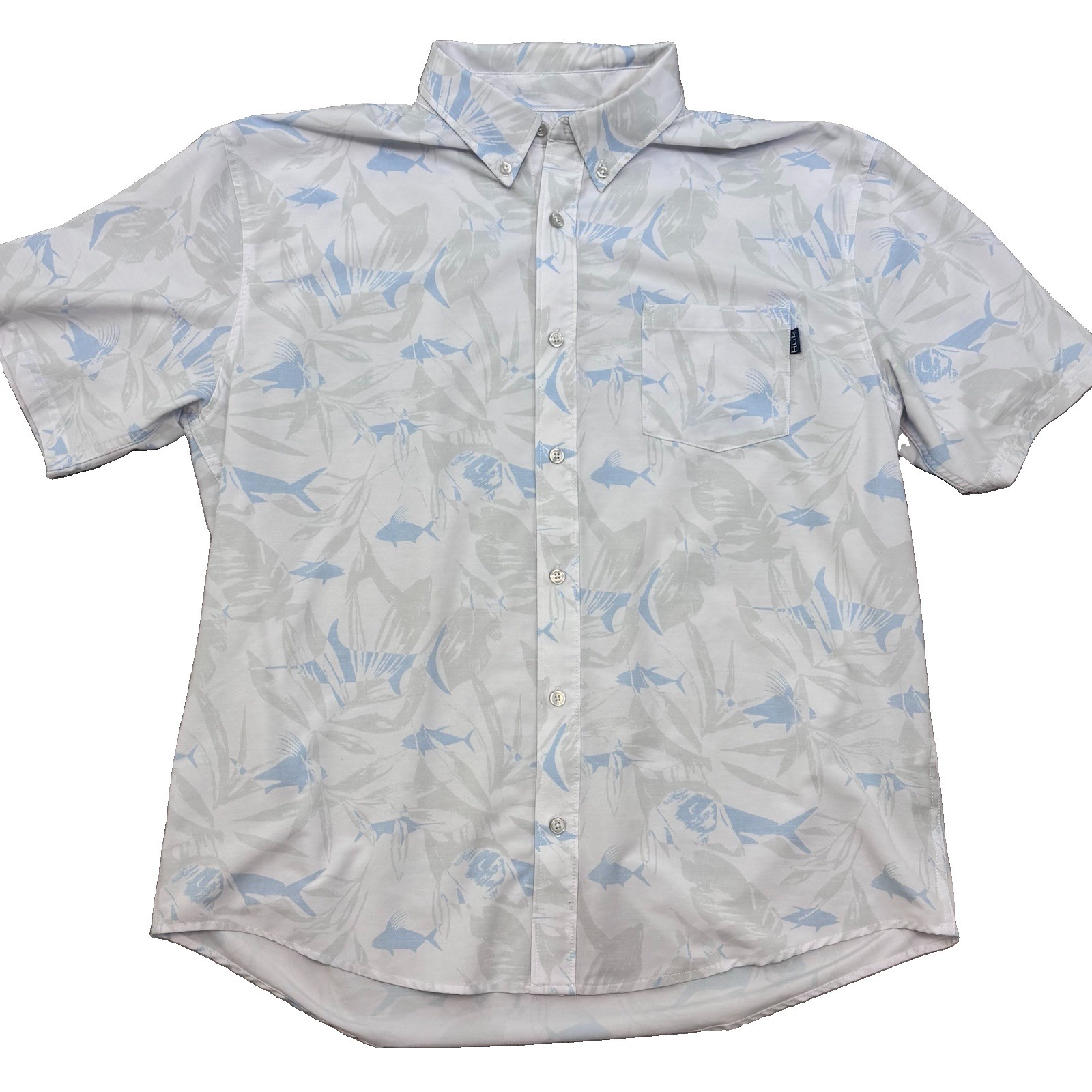Mens Huk Fishing Button Down Shirt L Fish Print Stretch Performance Casual