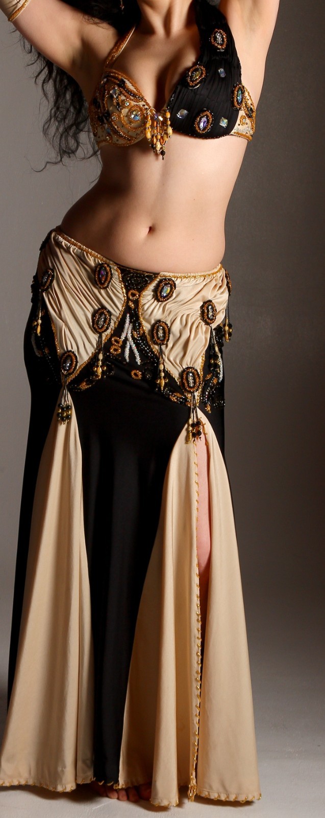 Very elegant black and ivory lycra Egyptian belly dance costume by Mumtaz