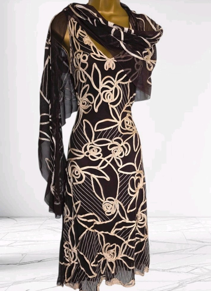 Phase Eight Brown & Cream Tapework Embroidered Occasion Dress + Shawl Size 12
