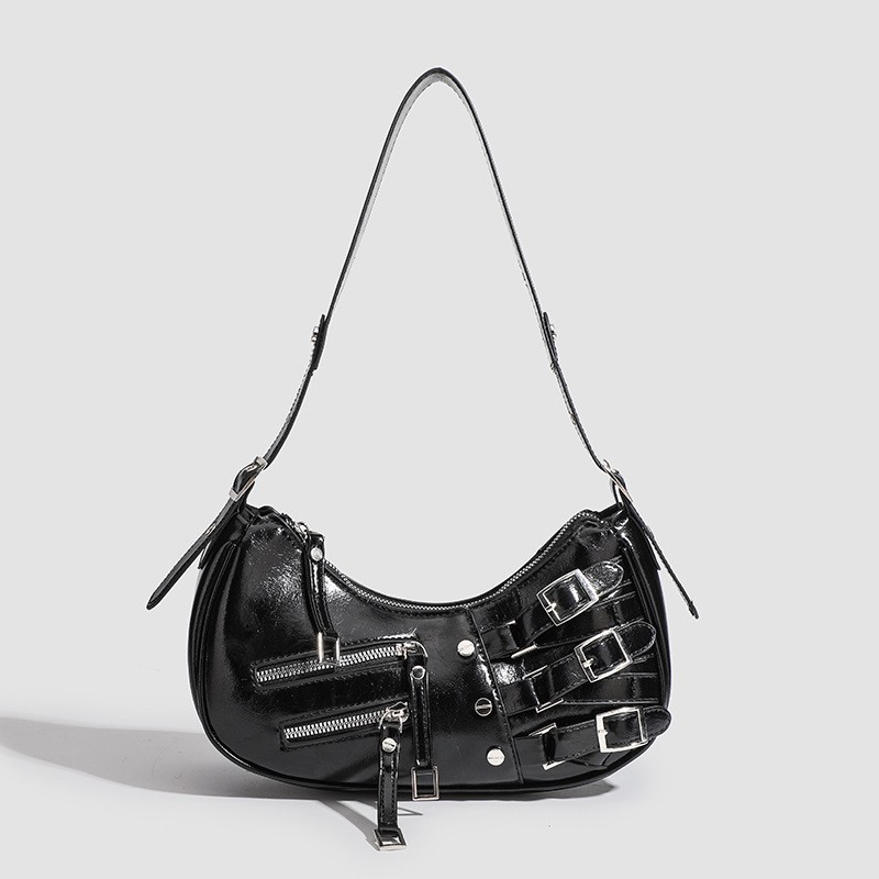 Carry City Recce Black Leather Hobo Bag Y2K Punk Buckle Shoulder Purse Grunge