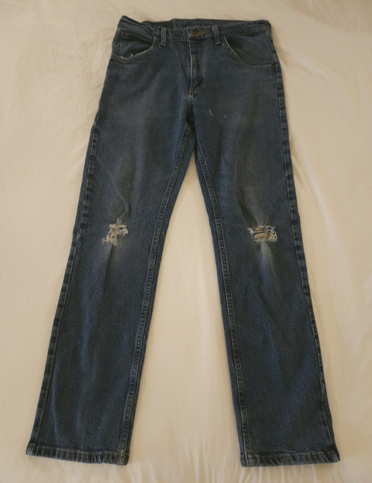 Wrangler Men’s Blue Denim Straight Jeans Regular Fit Stretch Distressed 32×32