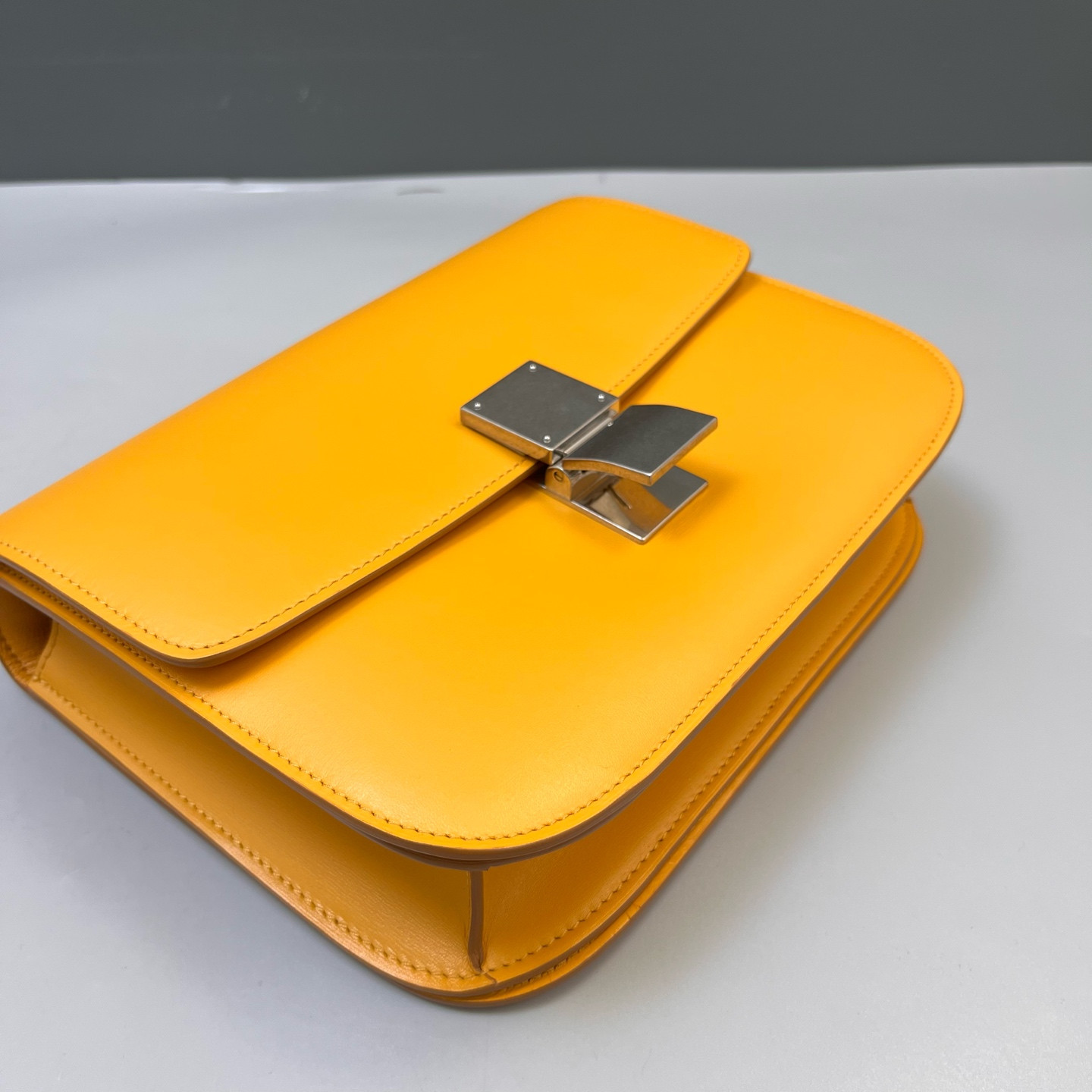 Authentic Celine Classic Box Smooth Calfskin Shoulder Bag Yellow Silver-Tone