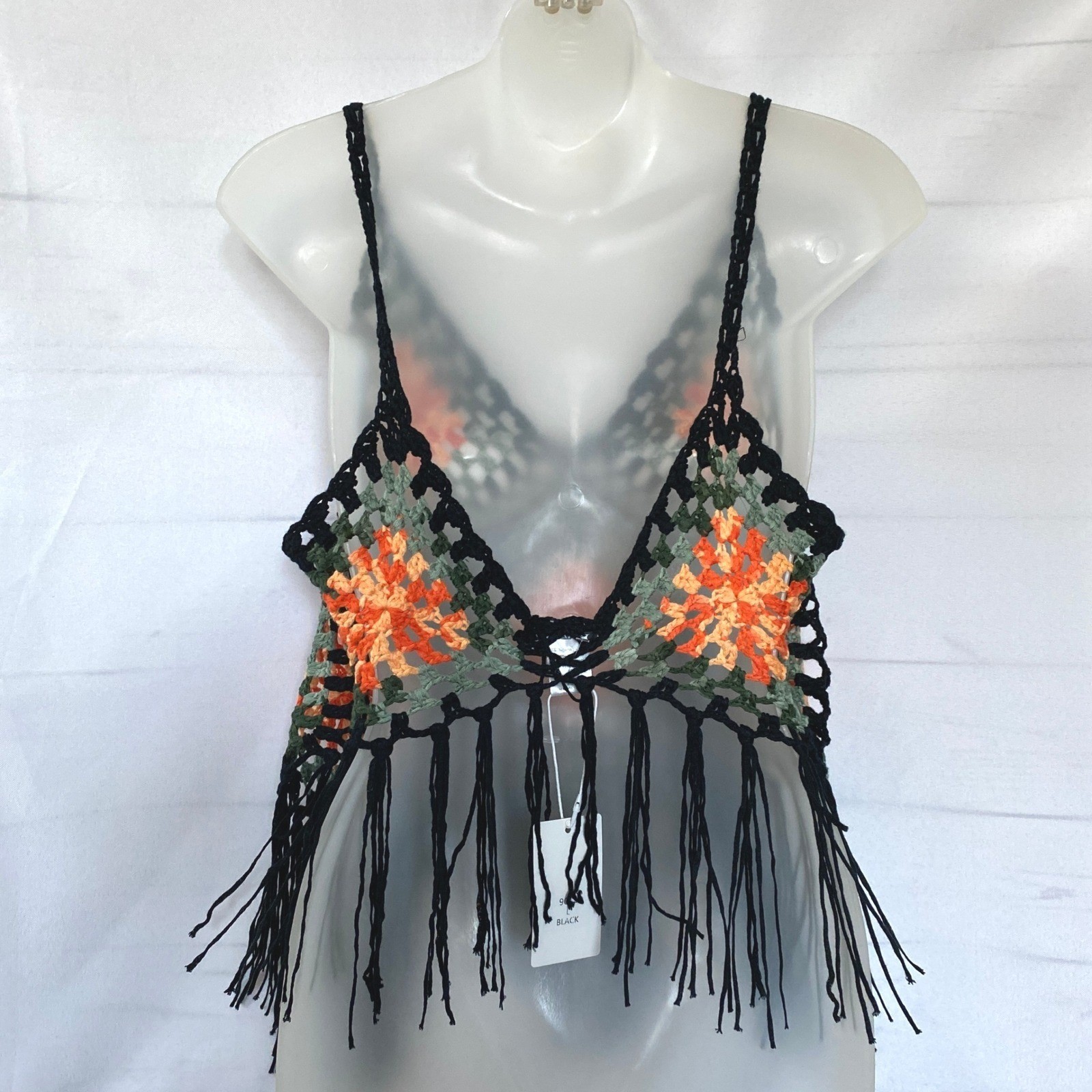 Vivid Boho Granny Square Crochet Cami Tank Top Women L Black Fringe Festival NWT