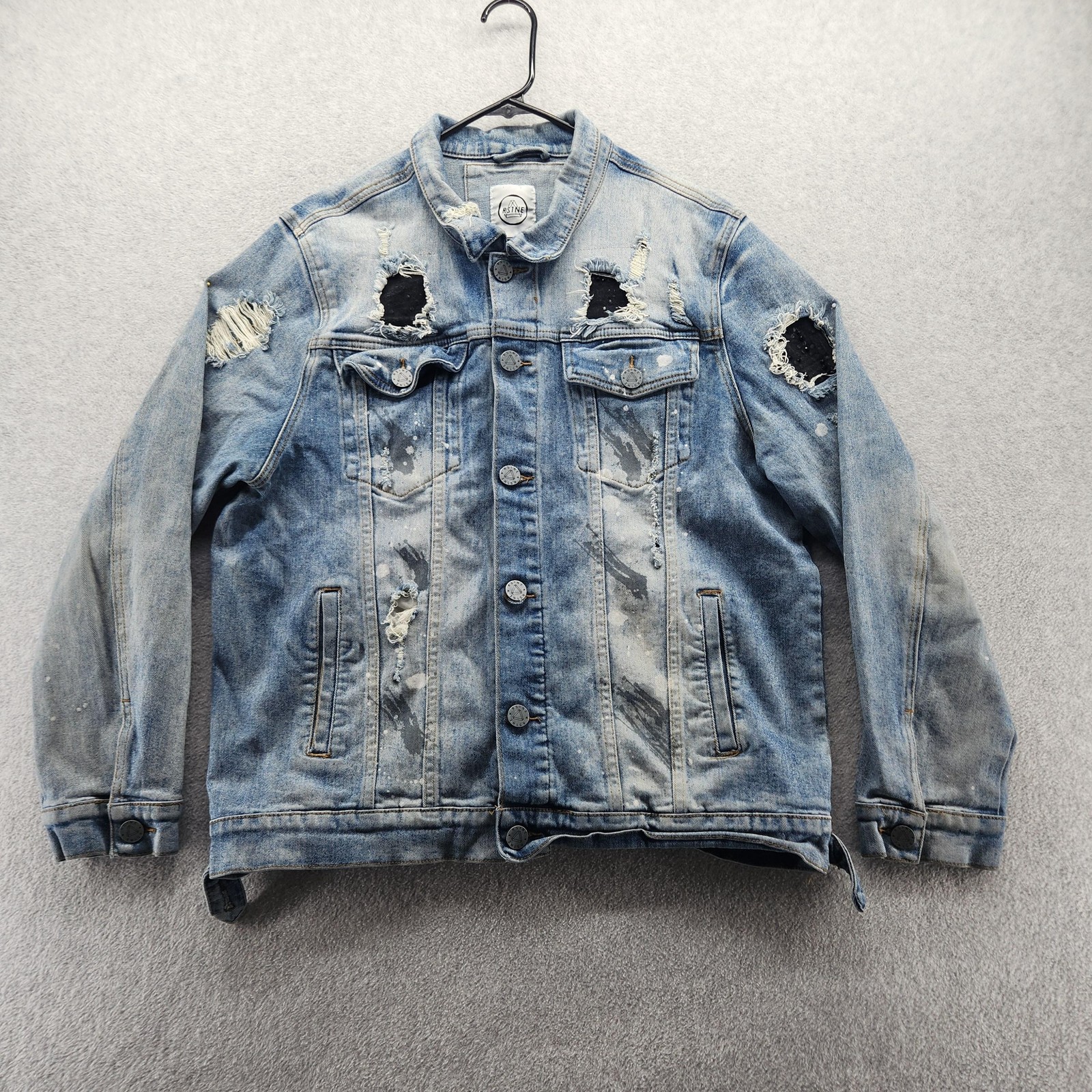 RSTNE Jacket Mens Large Blue Denim Distressed Paint Splatter Ripped Studded