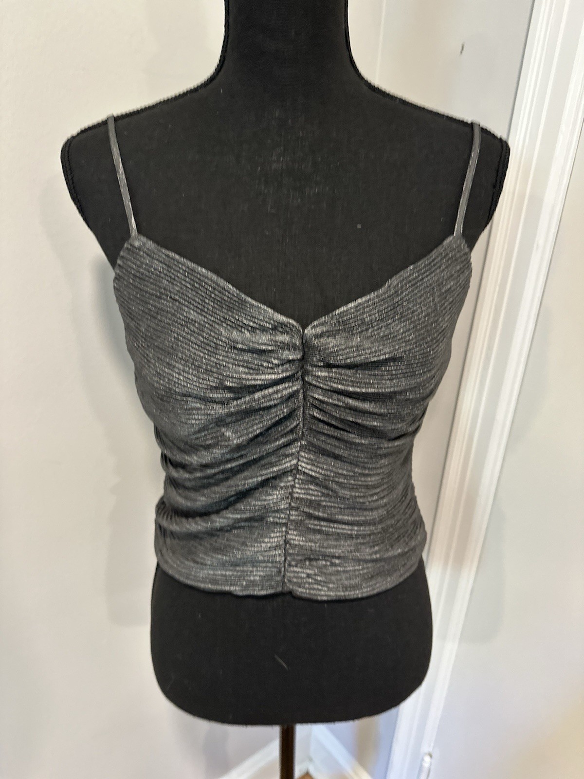 NWT Express Sz:S Pleated shimmer Metallic Bow Back Top Formal Cocktail Gray