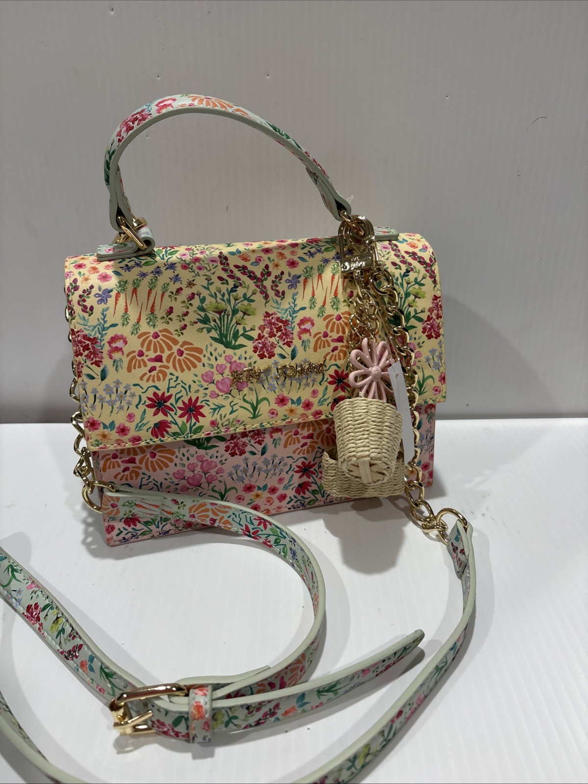 Betsey Johnson Spring Floral Yellow Bag Purse Crossbody Top Handle Basket charm