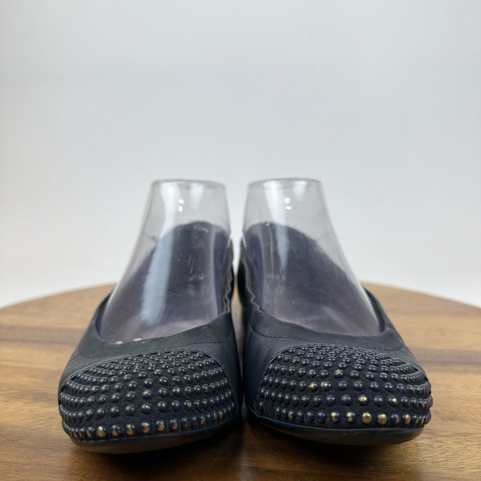 Womens AGL Italy Black Leather Studded Slip On Cap Toe Ballet Flats Size EU 36