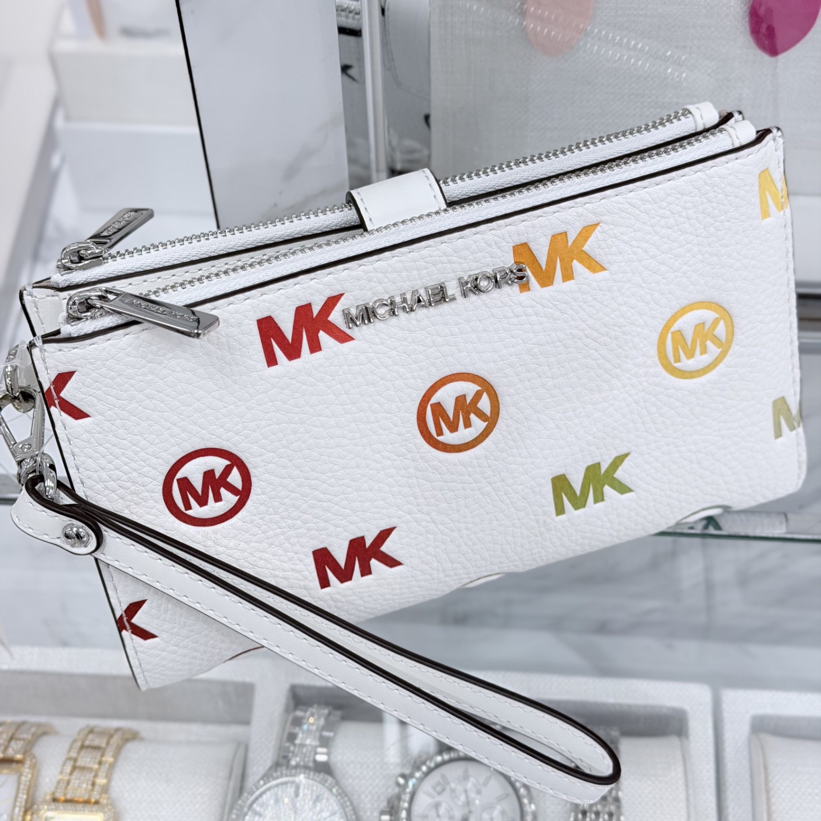 Michael Kors Jet Set Travel Double Zip Wristlet Wallet MK Rainbow Optic White