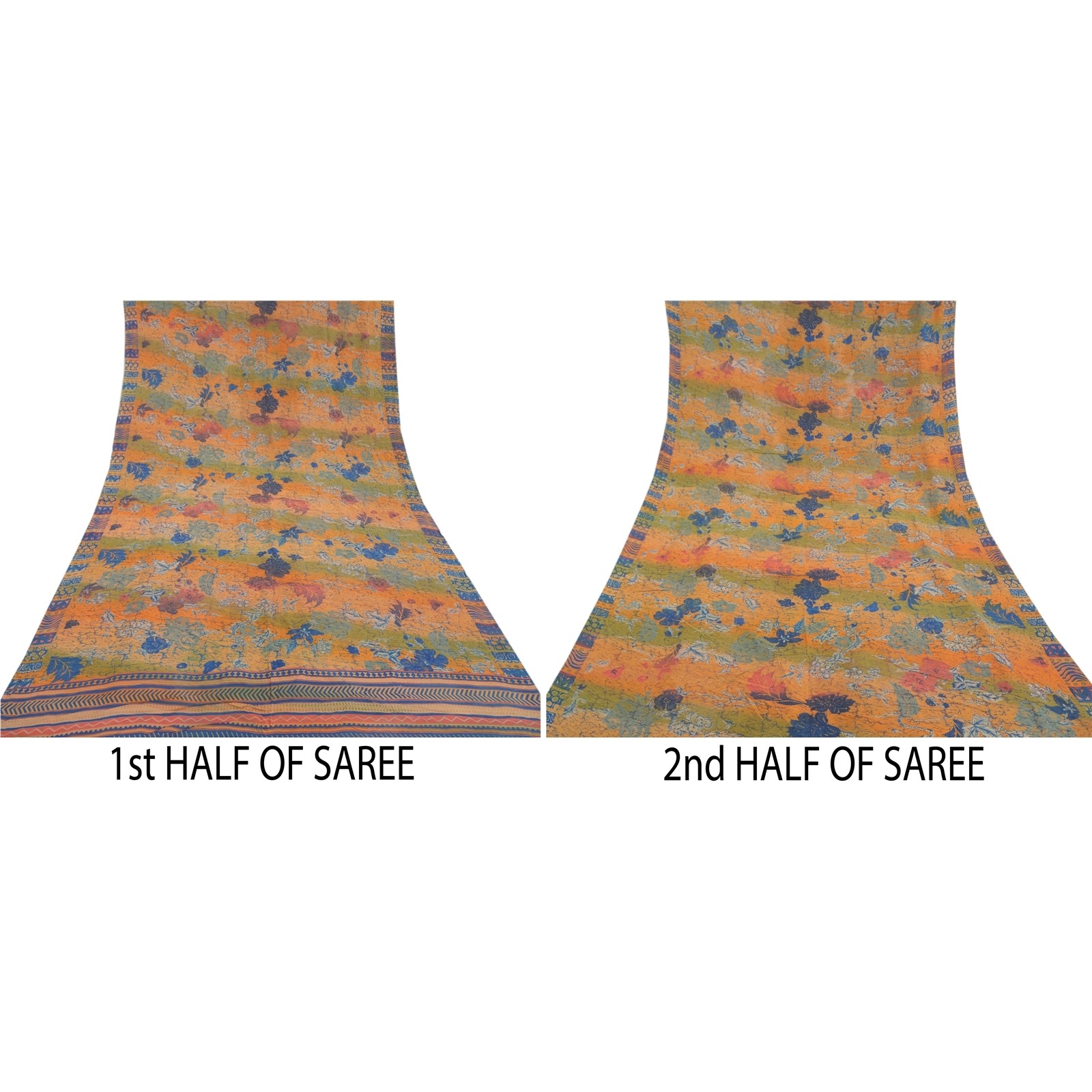 Sanskriti Vintage Saree Multicolor 100% Pure Crepe Floral Print 5+YD Sari Craft