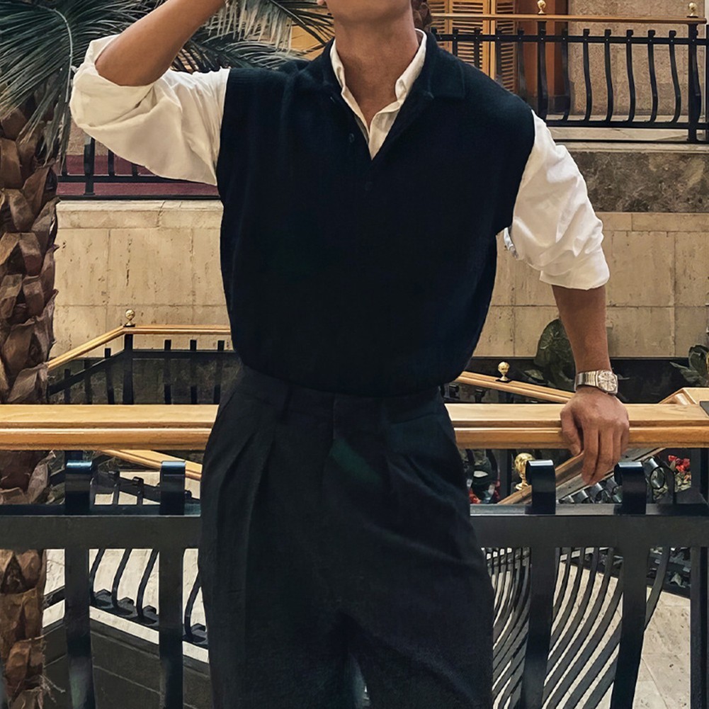 Men Sleeveless Sweater Vest Knitted Pullover with Lapel for Casual