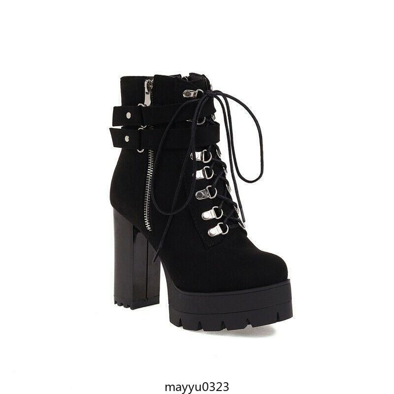 Women’s Ankle Boots HIgh Chunky Heel Shoes Platform Lace Up Zip Buckle Oversize