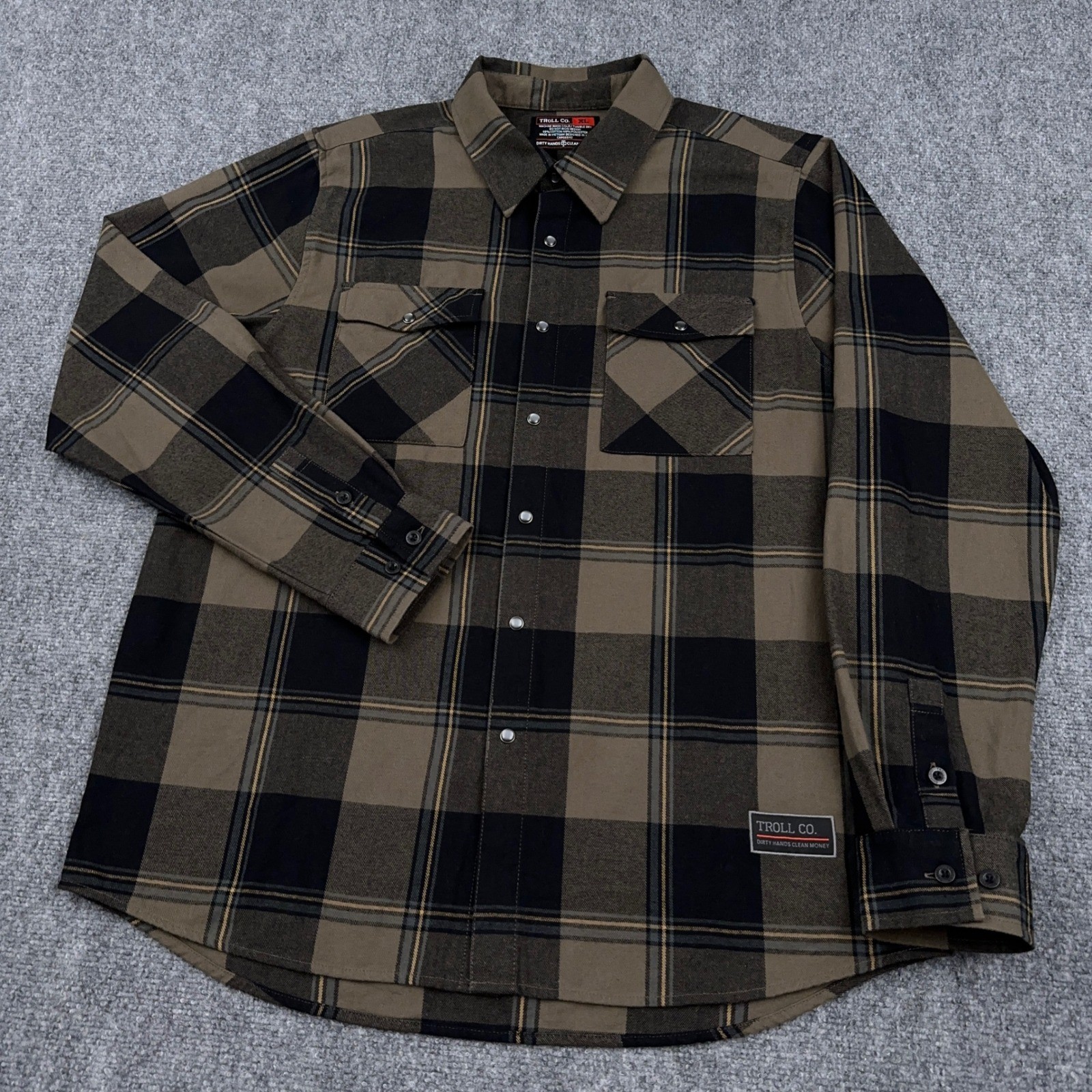 Troll Co. Gridlock Flannel Men’s XL Brown Plaid Workwear Pearl Snap Button