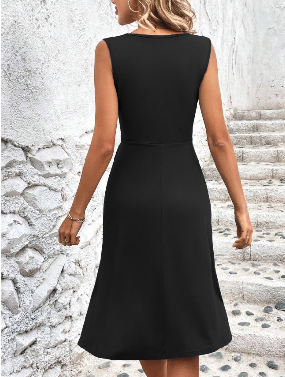Womens V-Neck Sleeveless Midi Dress Ruched Wrap Waist A-Line Casual Party Dresse