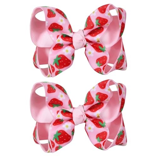 2Pc Ribbon Hair Bow Clips 4.3″ Tropical Fruit Alligator Barrettes Strawberry