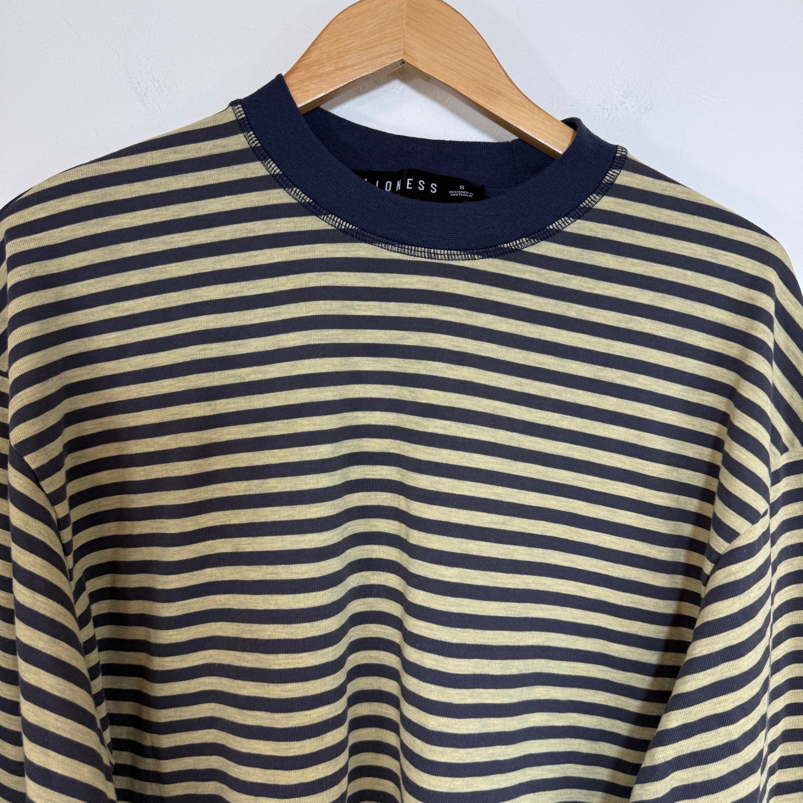 Lioness Bloom Top Beige Stripe Long Sleeve Navy Blue Boxy Oversized Streetwear S