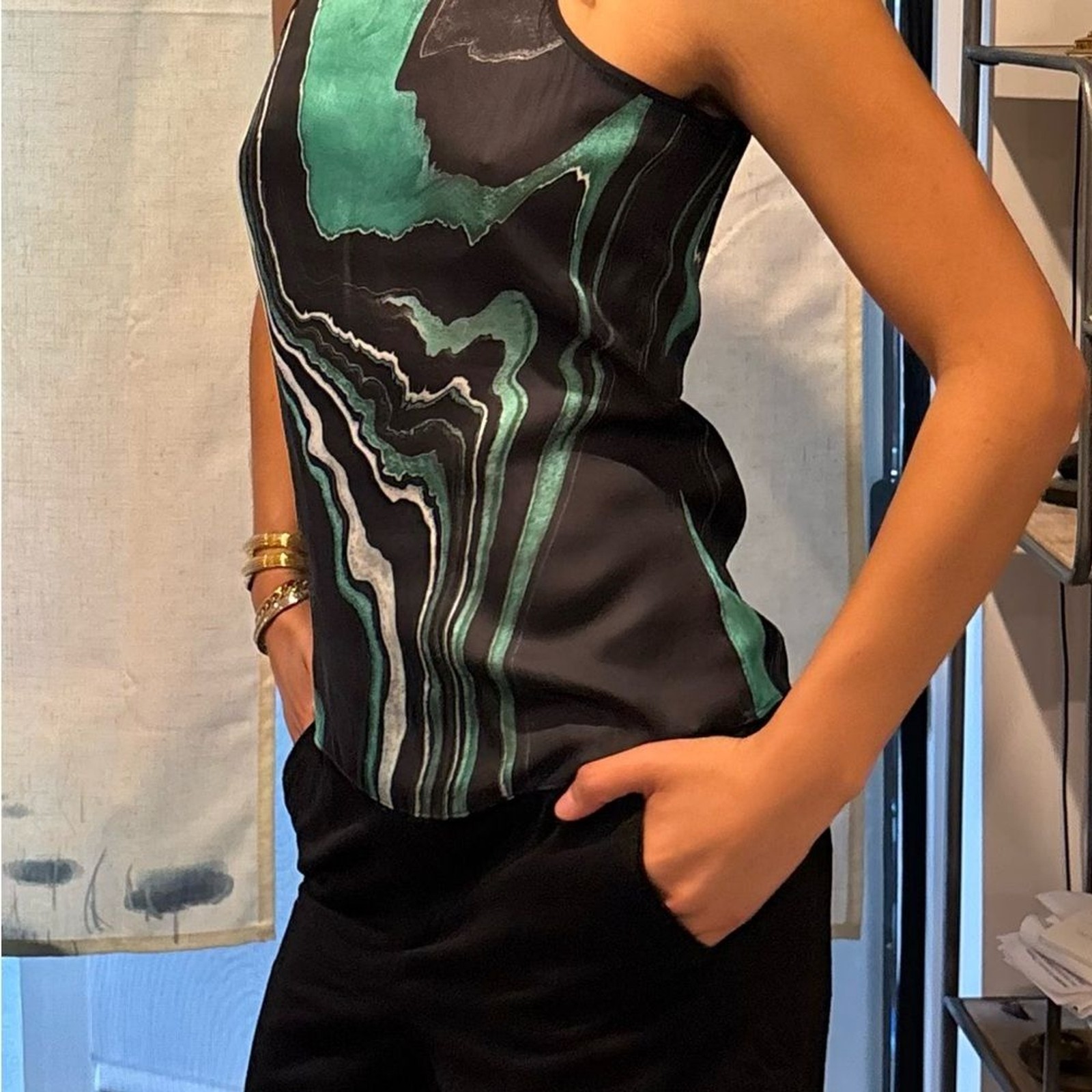 The Kooples Teal and Black Wave Pattern Tank Top Printed Marble