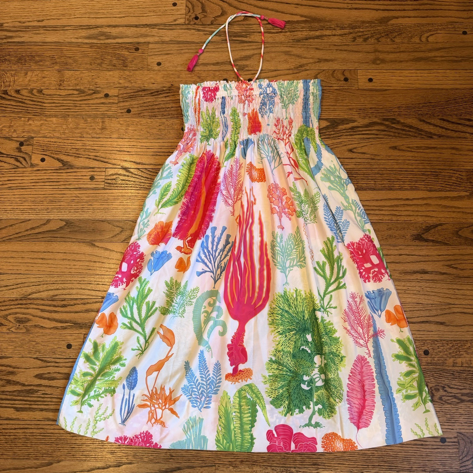 Gretchen Scott Coral Seaweed Print Smocked Maxi Skirt OS White Pink Green