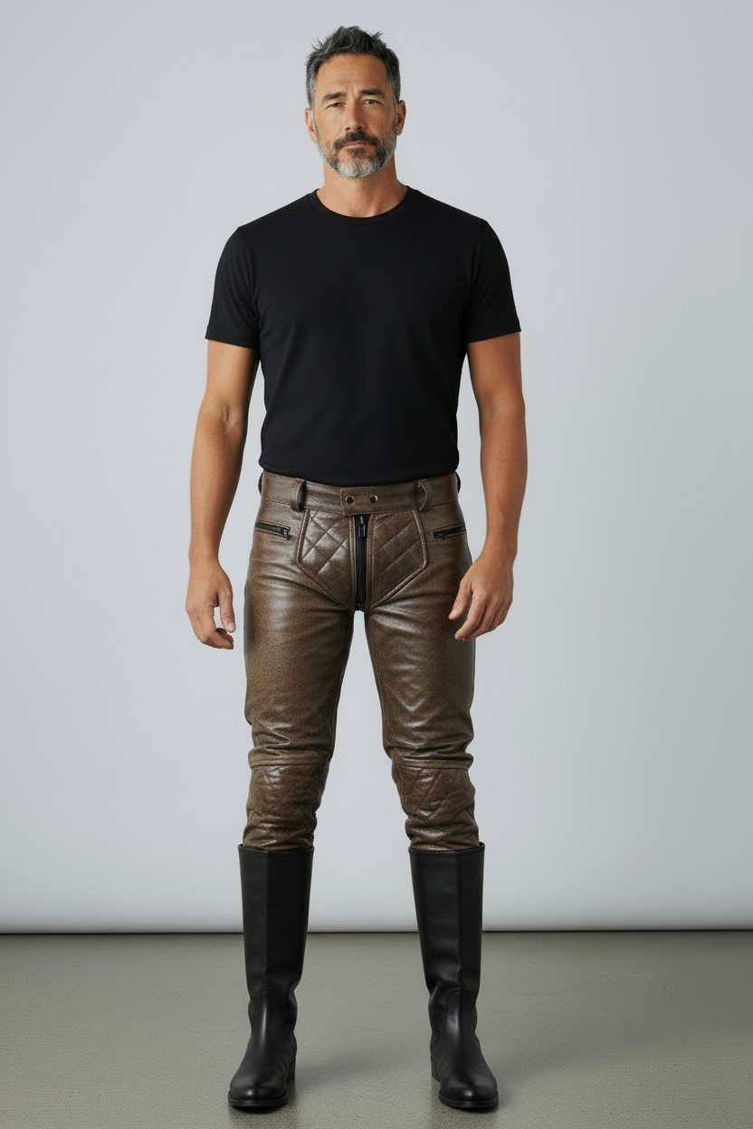 Men’s Real Distressed Leather Bikers Pants Quilted Panels Bikers / BLUF Pants