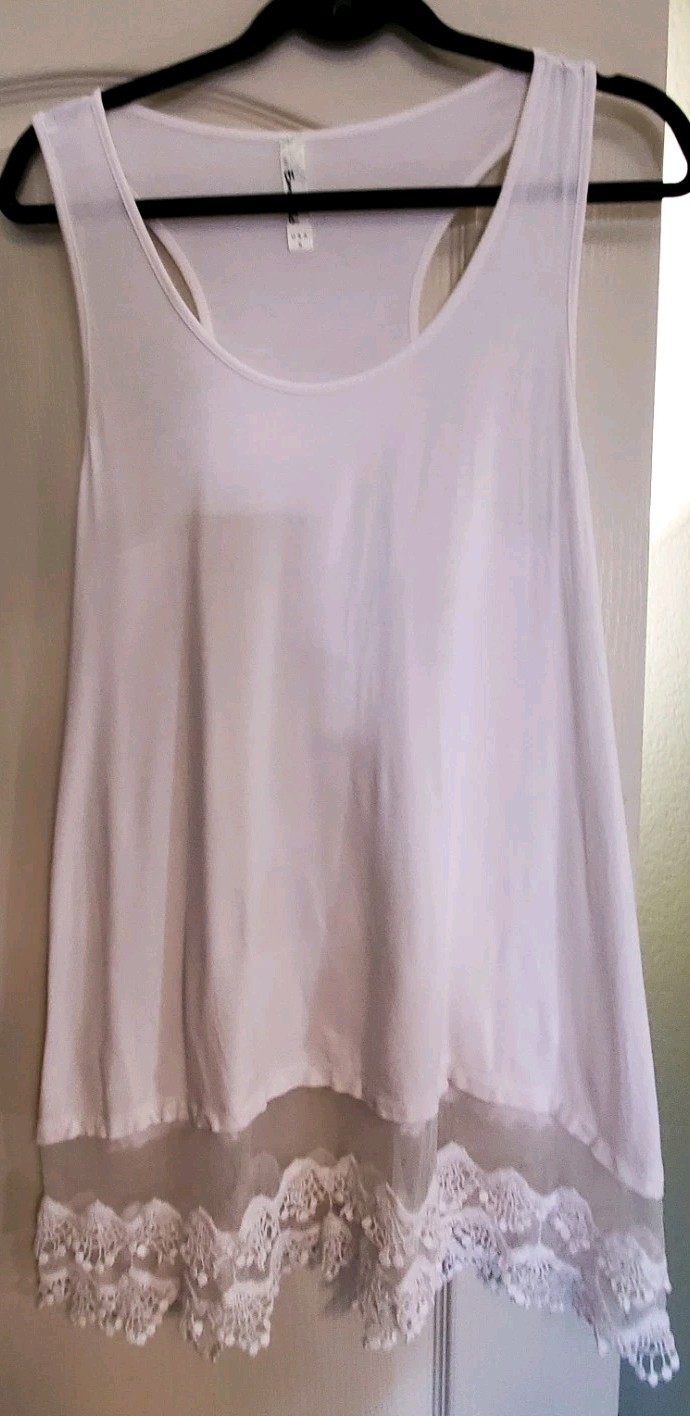 Emerald Embellished White Lace Layering Tunic Tank Top Extender Slip Small Boho