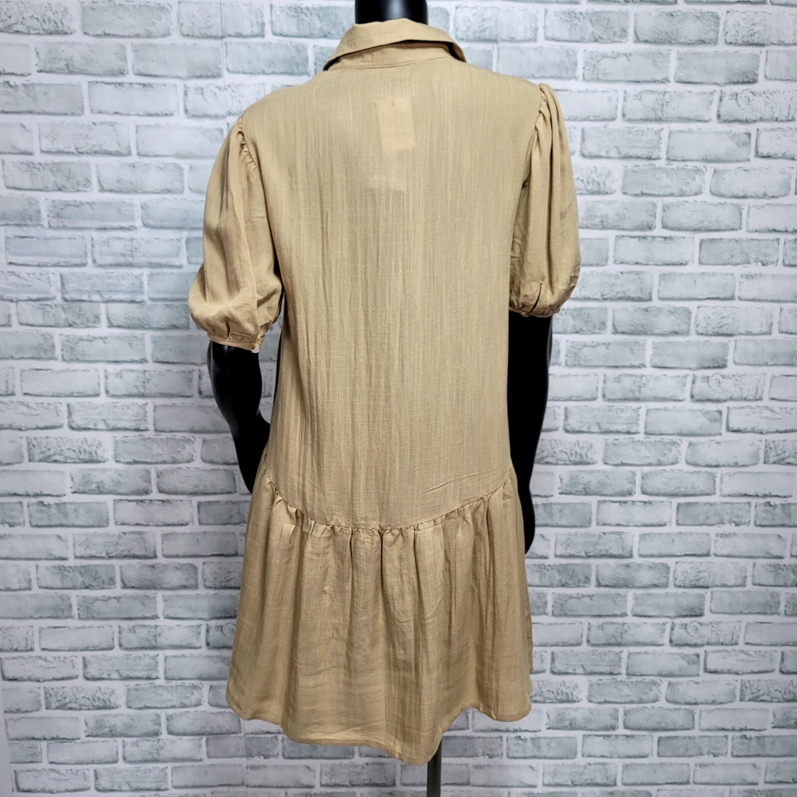 Nasty Gal Size S Beige Puff Sleeve Smock Mini Shirt Dress Button Up Lightweight