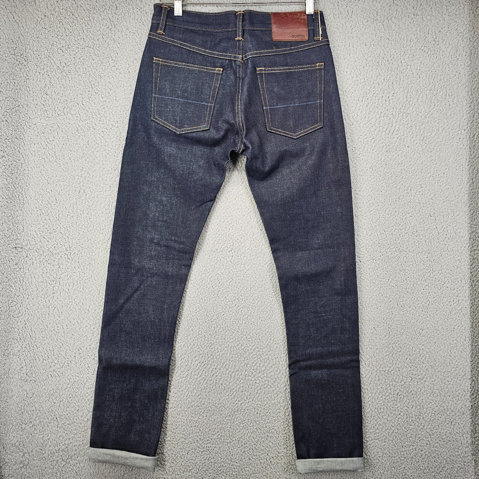 Gustin Selvedge Jeans Mens 31×34 Blue Dark Wash Denim Skinny Button Fly USA