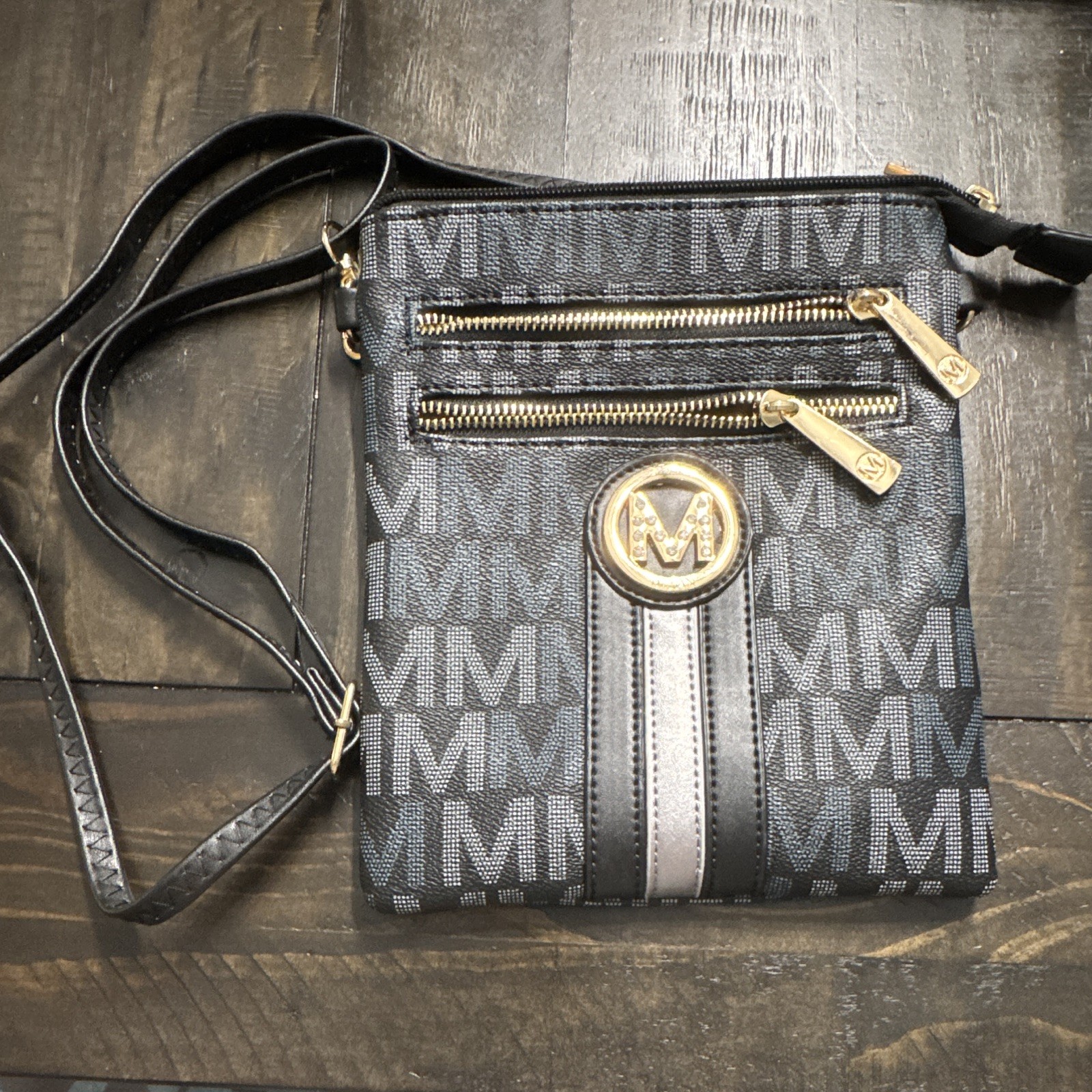 Milan MFK Collection Black/Blue Zip Crossbody Bag, Gold Hardware, Small
