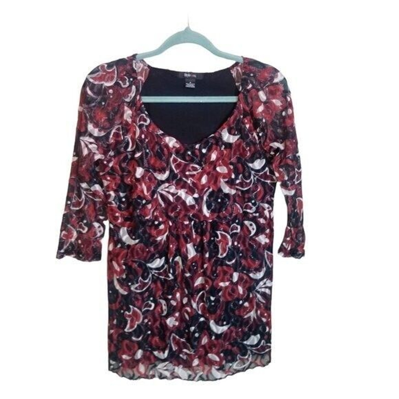 Style&Co. Womens Sz M Black Red Geometric 3/4 Sleeve Blouse