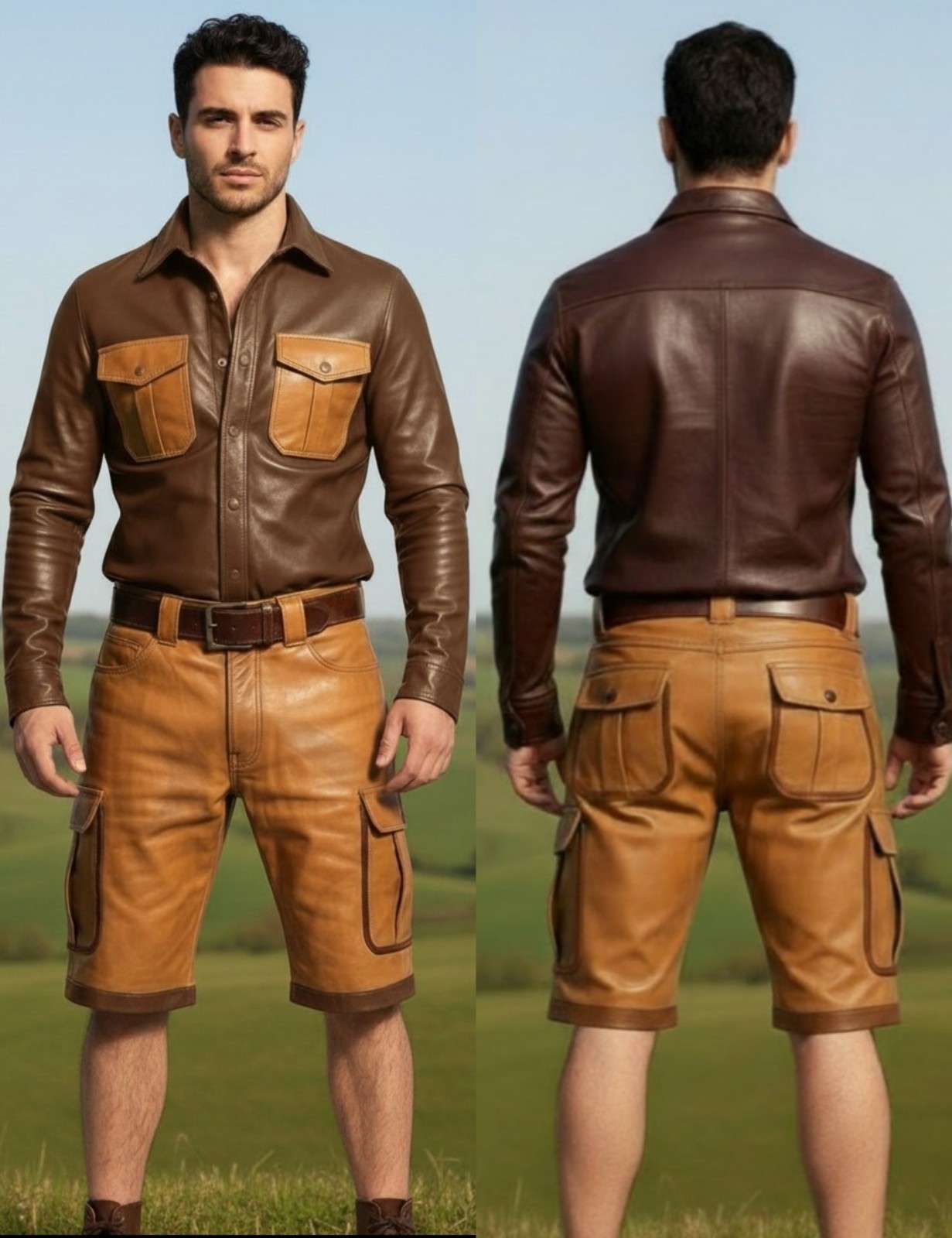 Men’s Real Vintage Lamb Leather Cargo Shorts & Long Sleeves Shirt Contrast Trims