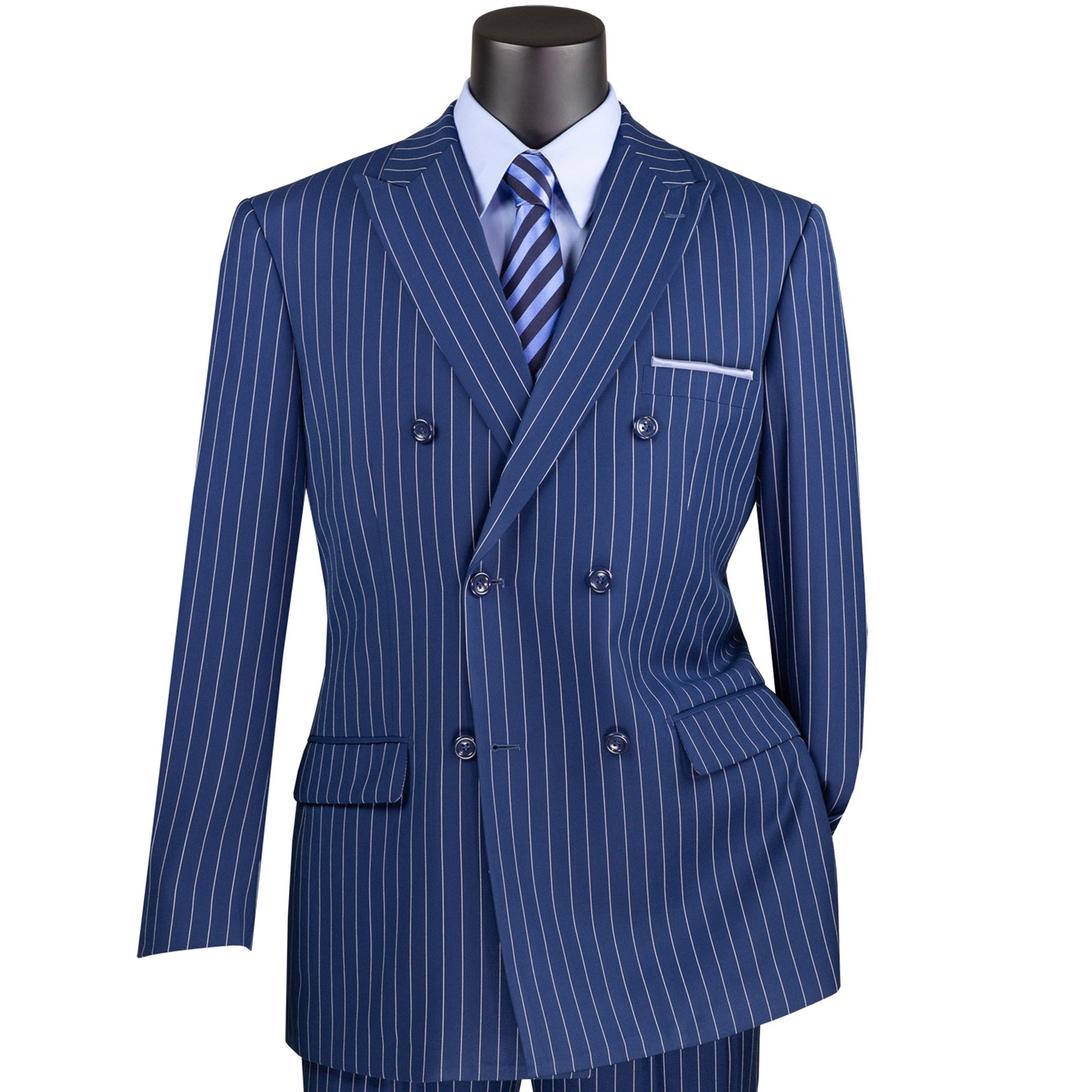 VINCI Men’s Blue Pinstripe Double-Breasted Reg-Fit Suit w/ Adj Waist – NEW