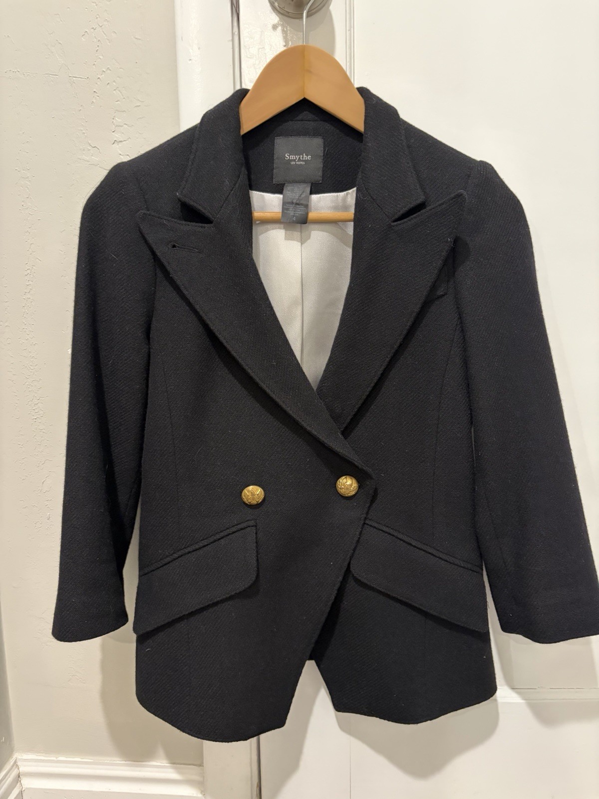 Smythe Les Vestes Black Wool Lined Blazer Jacket Gold Buttons Womens 4