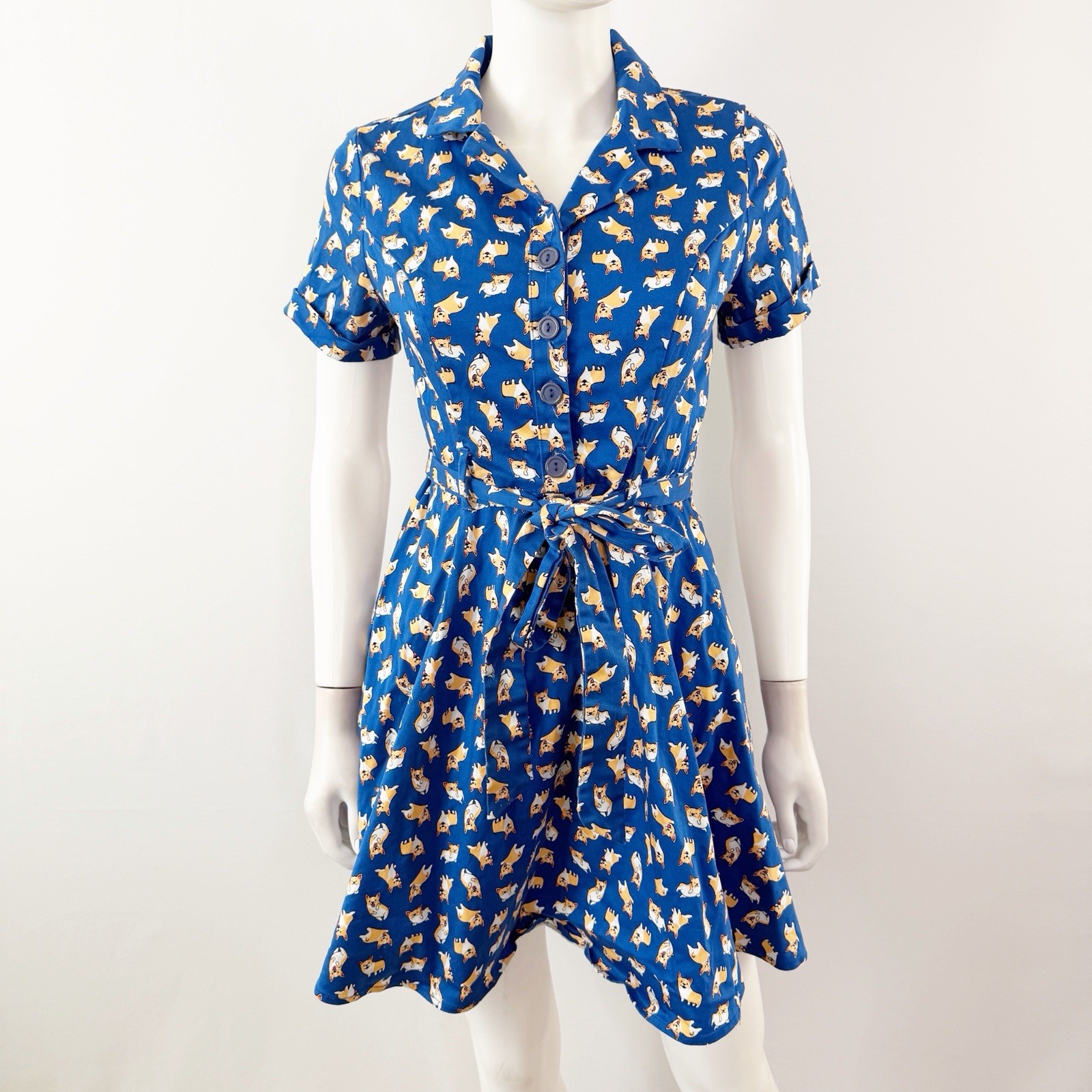 Eva Rose Blue Corgi Dog Print A-Line Belted Shirt Dress Size M Retro Pin Up 50s