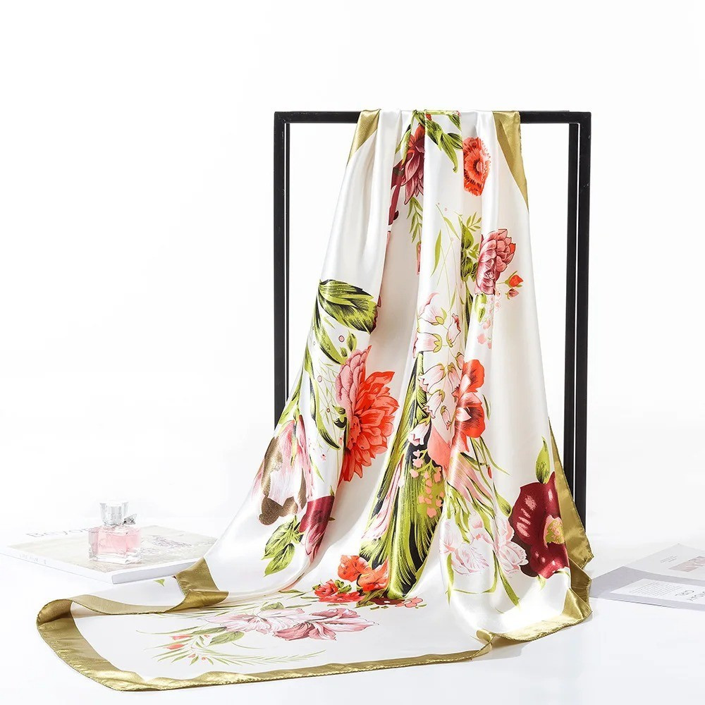 90X90Cm Square Flower Silk Scarf Women Hijab Shawl Print Head Scarf Bandana Pare