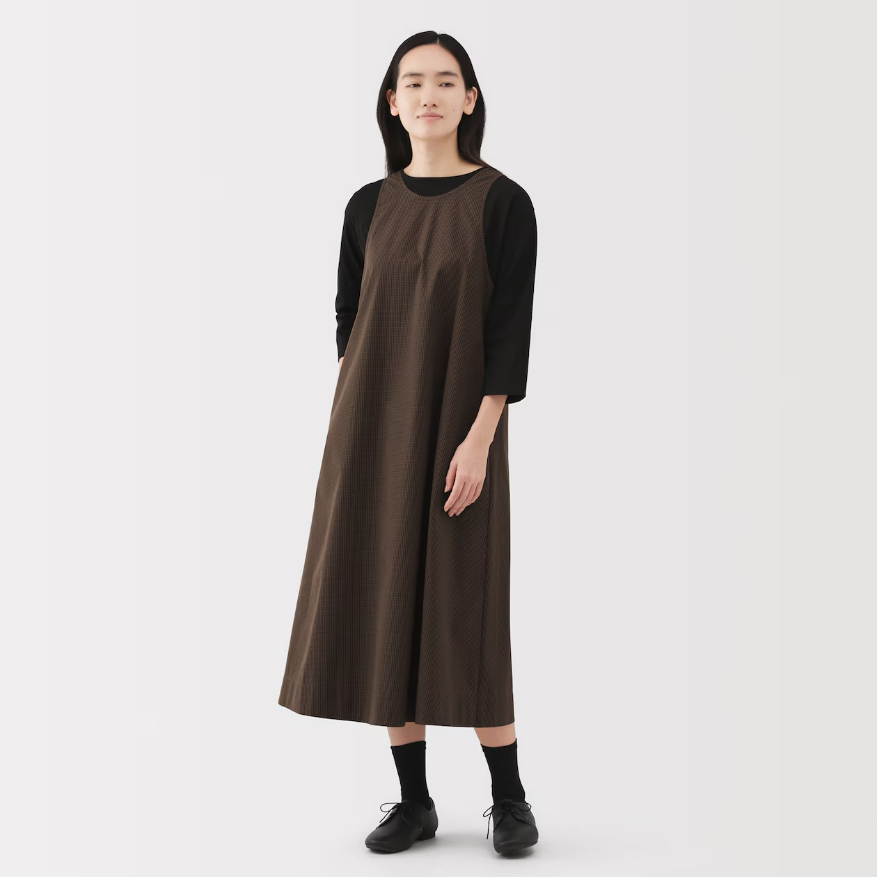 MUJI Womens Quick Dry Broadcloth Sleeveless Dress Brown Check FedEx
