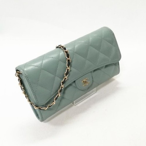 CHANEL Caviar Skin Green Leather Matelasse Long Wallet with Chain Strap