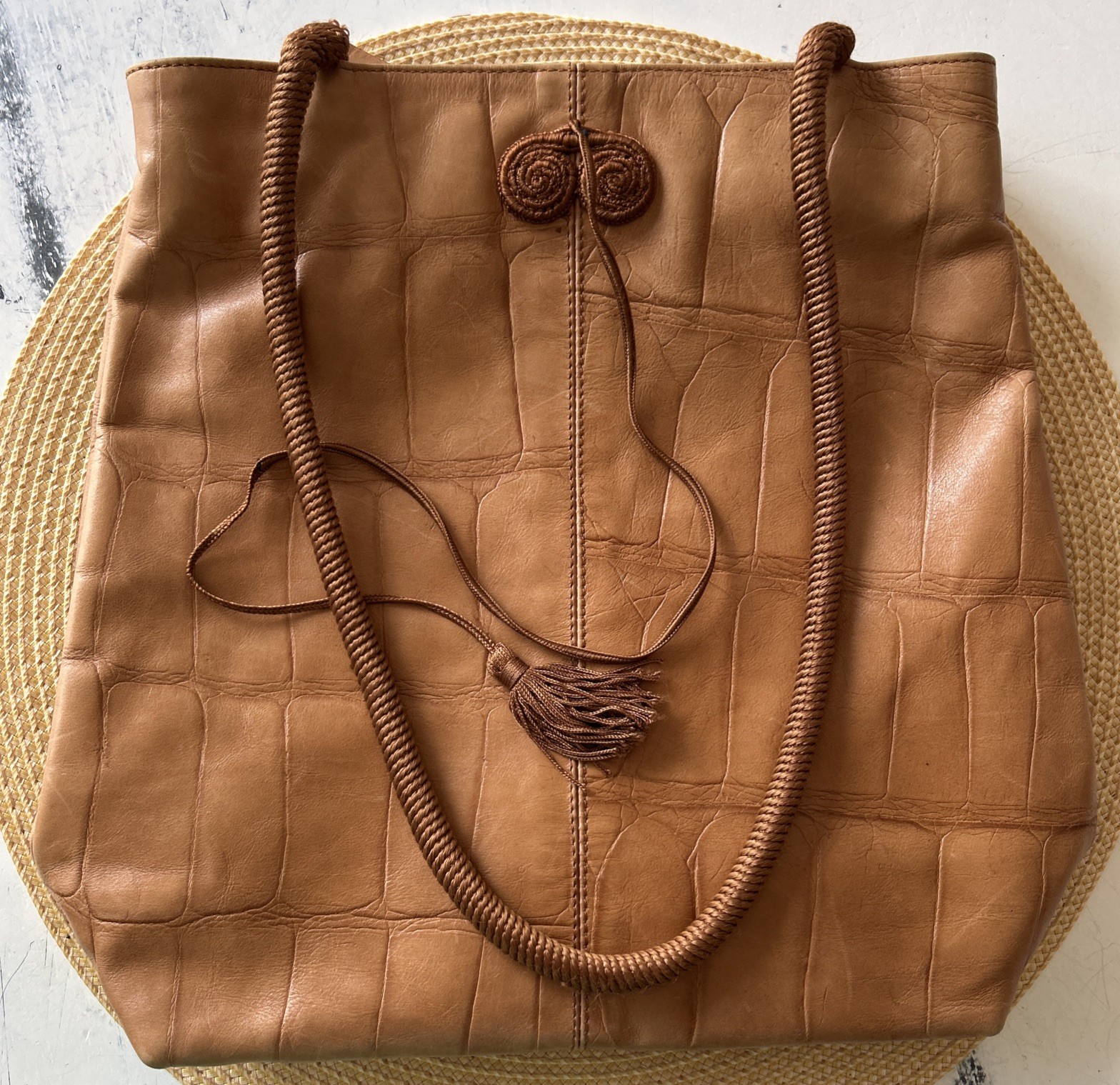 Falor Le Borse Tote Shoulder Bag Brown Crocodile Embossed Leather Italy 11”H
