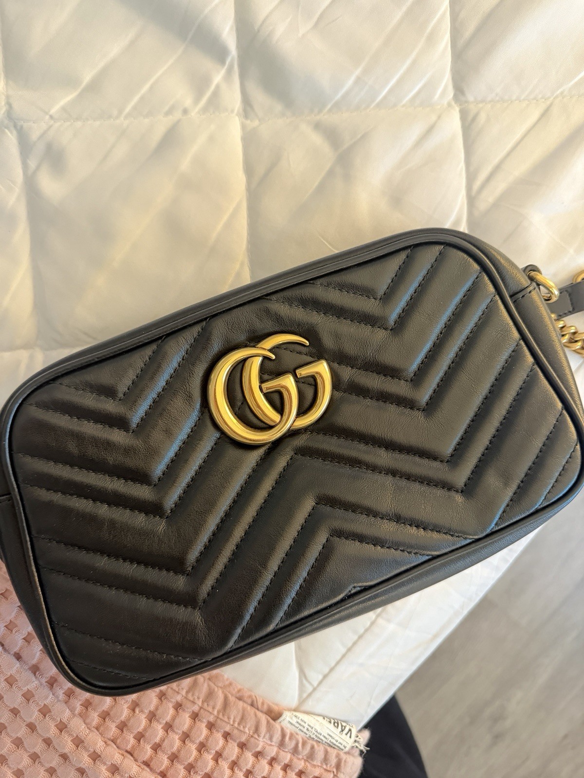 Gucci GG Marmont Black Chevron Quilted Crossbody Chain Strap Zip Gold Hardware
