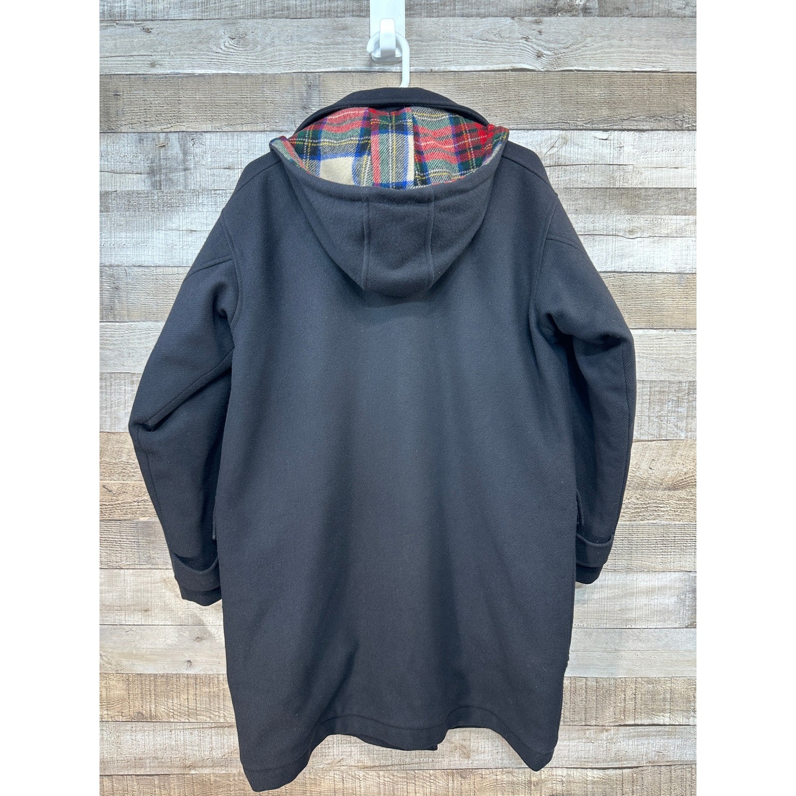 Lands End Womens Black Wool Duffle Coat Plaid Lined Hooded Toggle Button