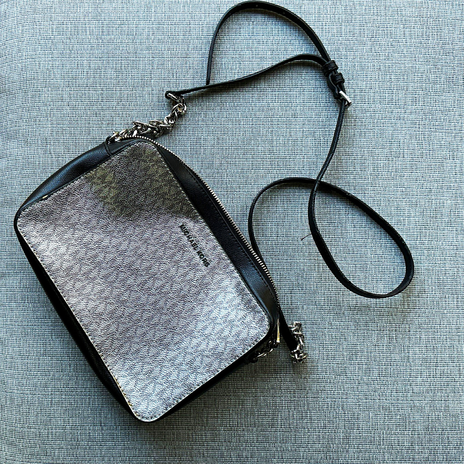 Michael Kors Silver Logo Crossbody Bag Zip Chain Black Strap