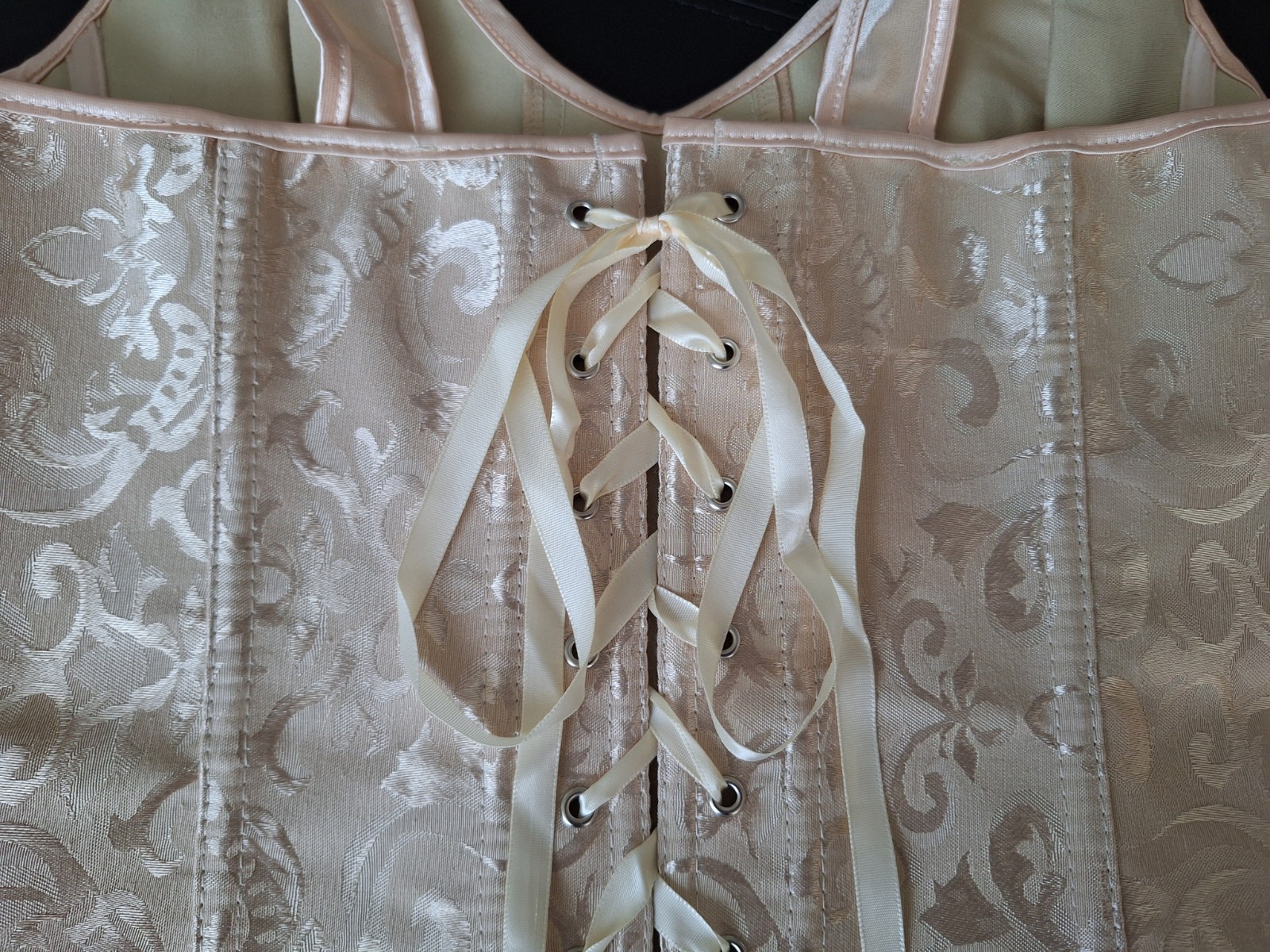 NEW Beige Satin Jacquard Strap Bustier Ribbon Lace up & Zipper Closure Corset L