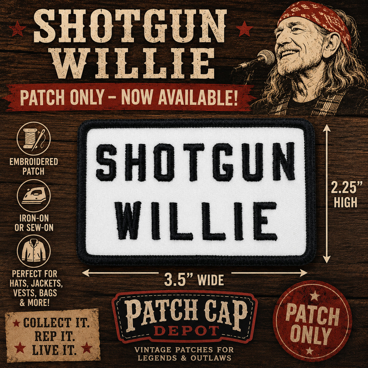 PATCH ONLY Shotgun Willie Hat Patch – Iron on/Sew on – Willie Nelson collectible