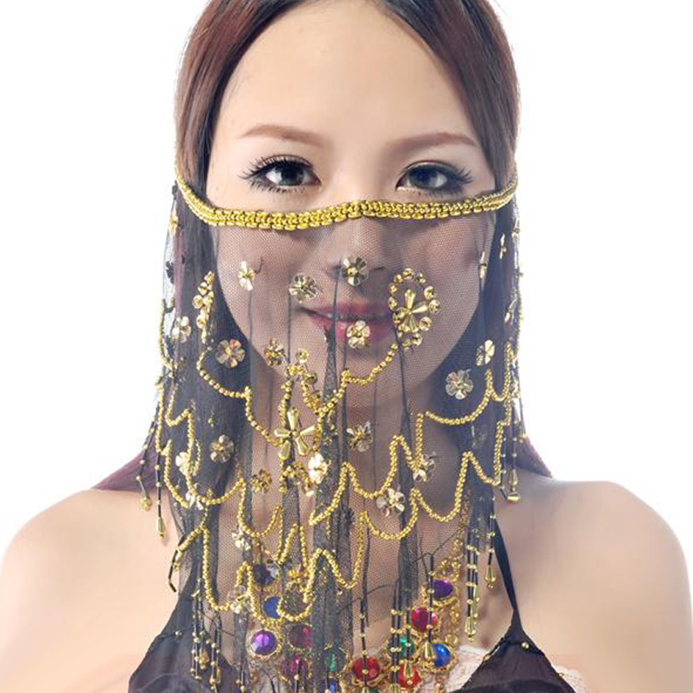 Belly Dance Face veil Shawl Scarf Transparent Face Cloth with Beads and Sequins