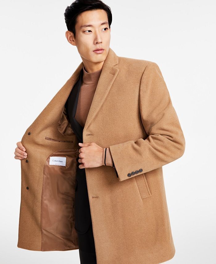 Calvin Klein Mens Wool Prosper Slim Fit Overcoat Coat 40 R Camel Brown