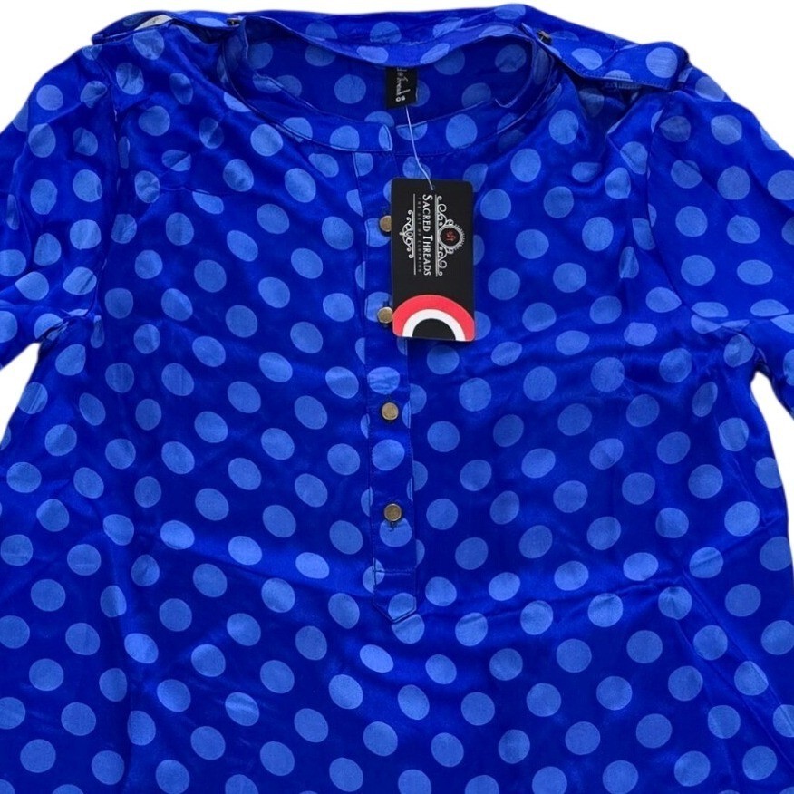 Sacred Threads 100% Silk Blue Polka Dot Blouse OS Mandarin Collar 222017 NWT