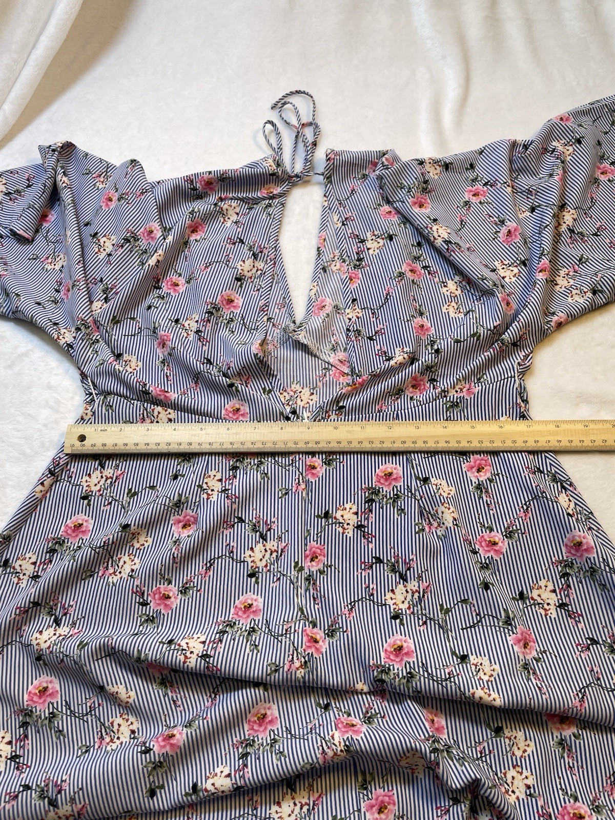 FairyCore Tresics Luxe L Pink Blue White Pin Stripe Dress Floral VNeck Back Tie