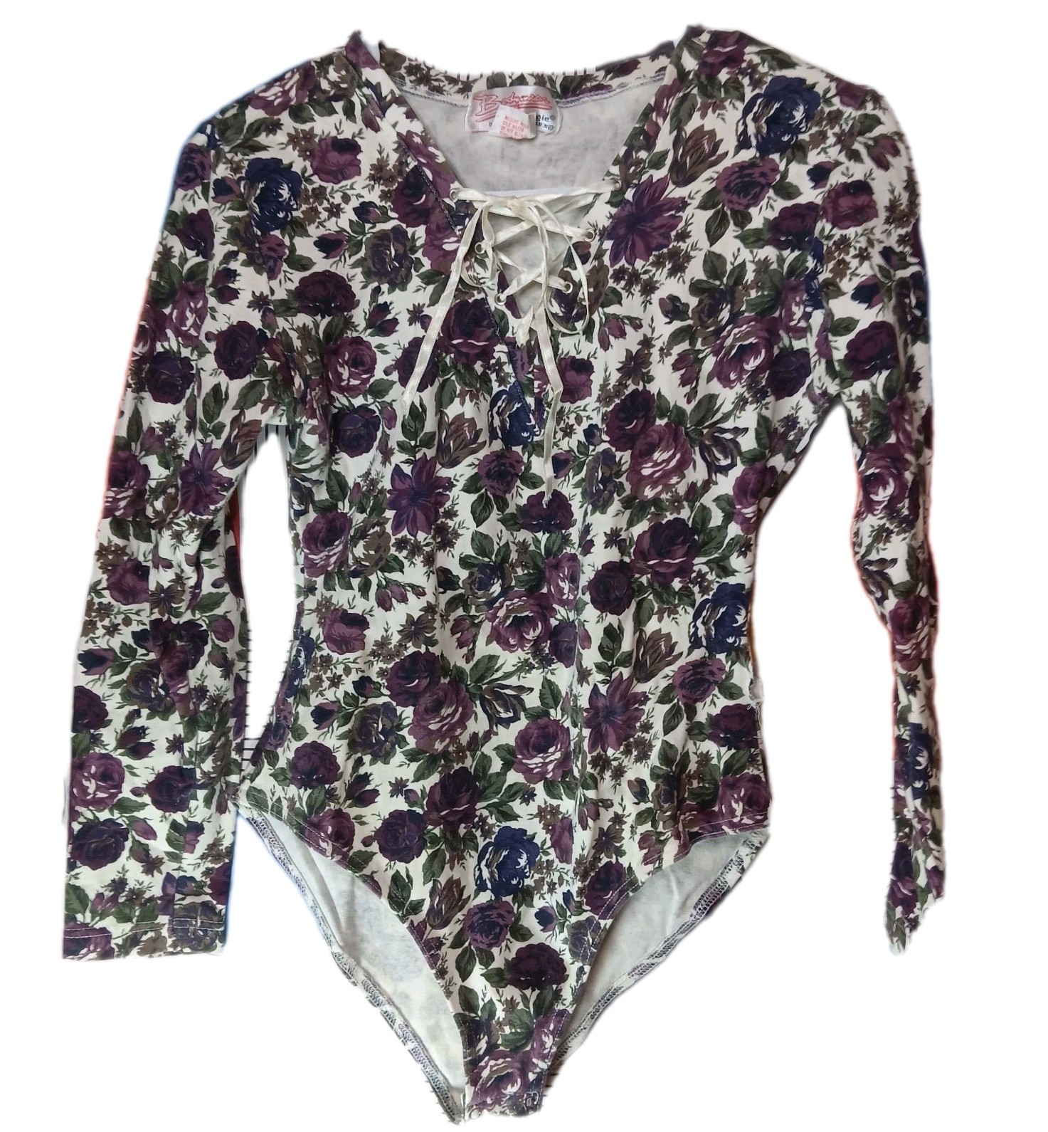 Vintage 90s Floral V Neck Long Sleeve Ribbon Lace Up Snap Bodysuit Classic Sz M